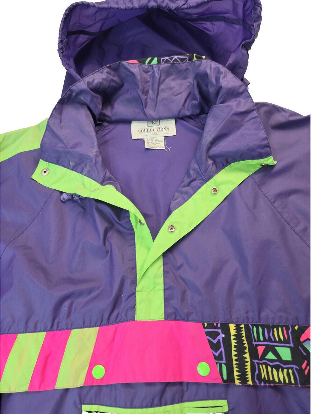 Vintage 1980s Neon Purple Pink Retro Anorak Pullover Windbreaker Mens Medium M - Picture 5 of 6